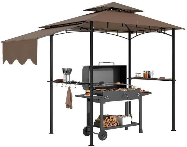 Main image of 8' x 5' Grill Gazebo Double Tiered Side Awning 6 Hooks Brown | Outdoor BBQ Gazebo, 2 Side Shelves, for Patio, Deck, Yard