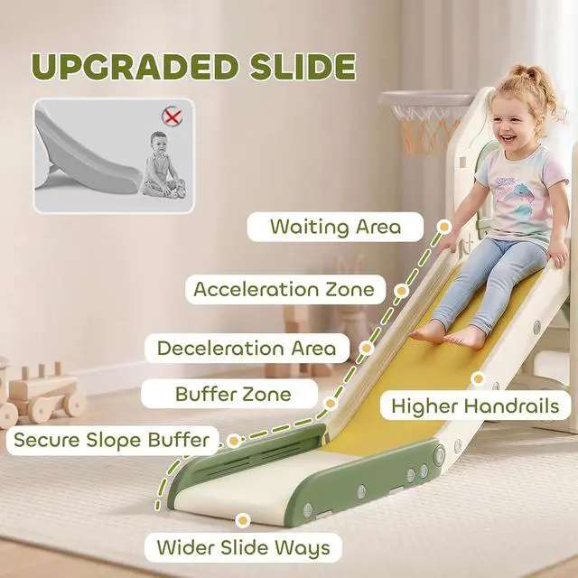 Alt view image 5 of 7 - Qaba Toddler Slide Foldable 5 in 1 with Climber 1-3 Years Old Cream White | Kids Indoor Playset, Basketball Hoop, Storage Space and Basketball, Toddler Playground