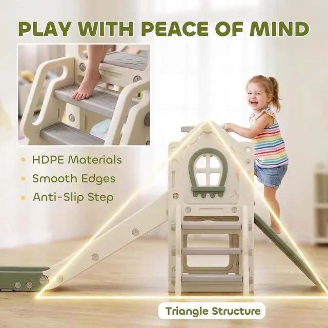 Alt view image 6 of 7 - Qaba Toddler Slide Foldable 5 in 1 with Climber 1-3 Years Old Cream White | Kids Indoor Playset, Basketball Hoop, Storage Space and Basketball, Toddler Playground
