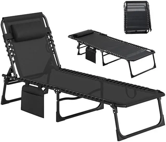 Main image of Folding Chaise Lounge Chair Outdoor Side Pocket Headrest Black | Tanning Chair, Carrying Strap, Portable Patio Beach Lounger, 5-Position Reclining Back, Pool Camping Yard