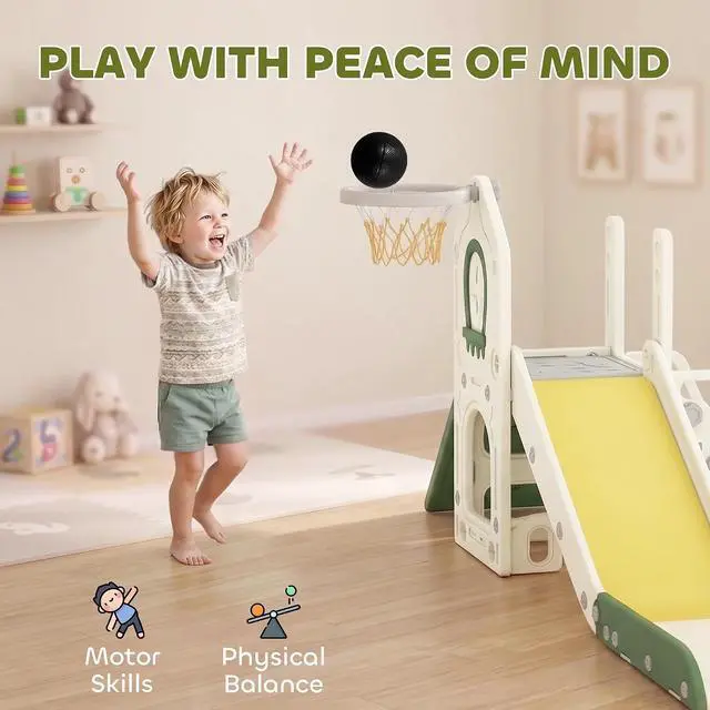 Alt view image 7 of 7 - Qaba Toddler Slide Foldable 5 in 1 with Climber 1-3 Years Old Cream White | Kids Indoor Playset, Basketball Hoop, Storage Space and Basketball, Toddler Playground