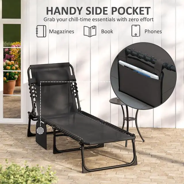 Alt view image 7 of 7 - Folding Chaise Lounge Chair Outdoor Side Pocket Headrest Black | Tanning Chair, Carrying Strap, Portable Patio Beach Lounger, 5-Position Reclining Back, Pool Camping Yard