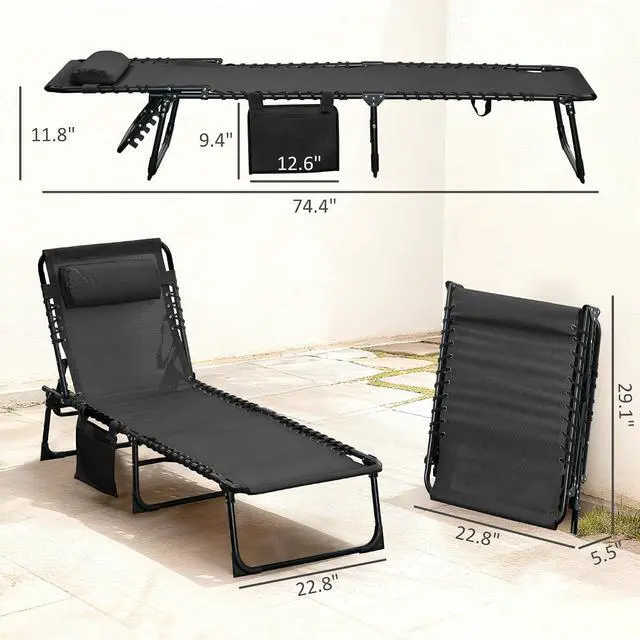 Alt view image 3 of 7 - Folding Chaise Lounge Chair Outdoor Side Pocket Headrest Black | Tanning Chair, Carrying Strap, Portable Patio Beach Lounger, 5-Position Reclining Back, Pool Camping Yard