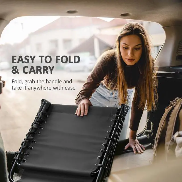 Alt view image 6 of 7 - Folding Chaise Lounge Chair Outdoor Side Pocket Headrest Black | Tanning Chair, Carrying Strap, Portable Patio Beach Lounger, 5-Position Reclining Back, Pool Camping Yard