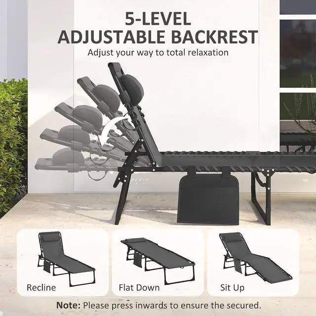 Alt view image 4 of 7 - Folding Chaise Lounge Chair Outdoor Side Pocket Headrest Black | Tanning Chair, Carrying Strap, Portable Patio Beach Lounger, 5-Position Reclining Back, Pool Camping Yard