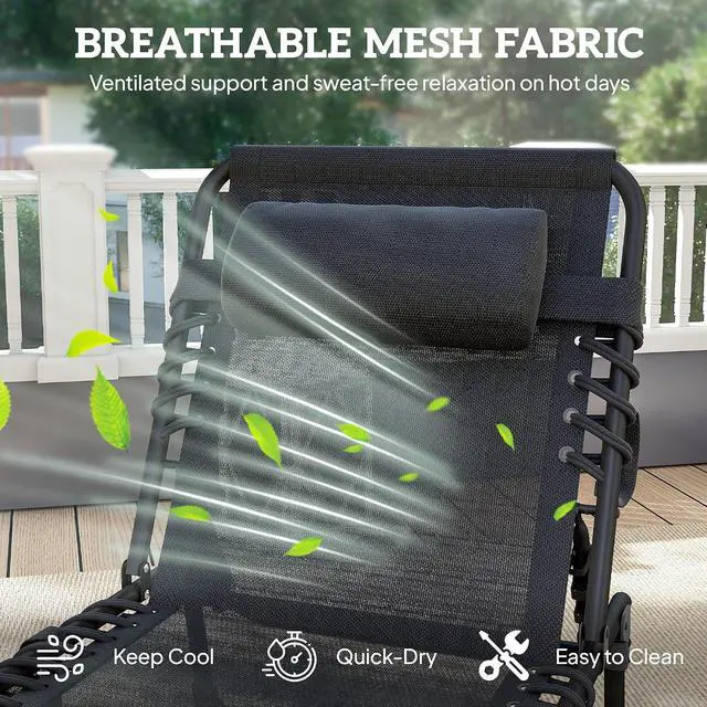 Alt view image 5 of 7 - Folding Chaise Lounge Chair Outdoor Side Pocket Headrest Black | Tanning Chair, Carrying Strap, Portable Patio Beach Lounger, 5-Position Reclining Back, Pool Camping Yard