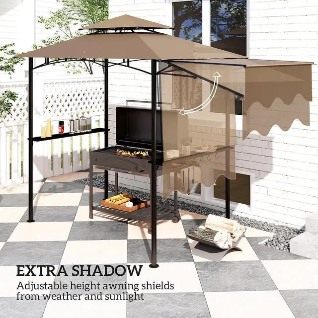 Alt view image 3 of 7 - 8' x 5' Grill Gazebo Double Tiered Side Awning 6 Hooks Brown | Outdoor BBQ Gazebo, 2 Side Shelves, for Patio, Deck, Yard