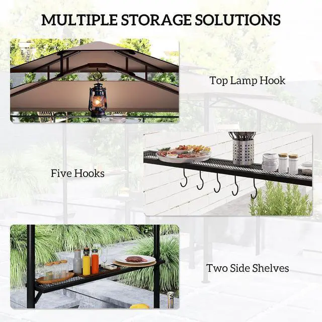 Alt view image 5 of 7 - 8' x 5' Grill Gazebo Double Tiered Side Awning 6 Hooks Brown | Outdoor BBQ Gazebo, 2 Side Shelves, for Patio, Deck, Yard