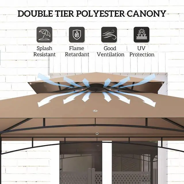 Alt view image 4 of 7 - 8' x 5' Grill Gazebo Double Tiered Side Awning 6 Hooks Brown | Outdoor BBQ Gazebo, 2 Side Shelves, for Patio, Deck, Yard