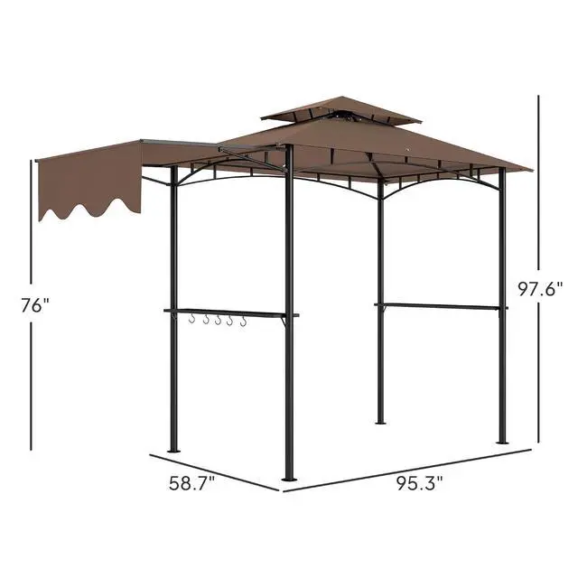 Alt view image 7 of 7 - 8' x 5' Grill Gazebo Double Tiered Side Awning 6 Hooks Brown | Outdoor BBQ Gazebo, 2 Side Shelves, for Patio, Deck, Yard