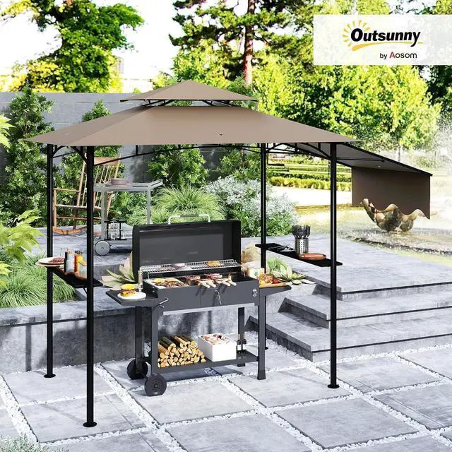 Alt view image 2 of 7 - 8' x 5' Grill Gazebo Double Tiered Side Awning 6 Hooks Brown | Outdoor BBQ Gazebo, 2 Side Shelves, for Patio, Deck, Yard