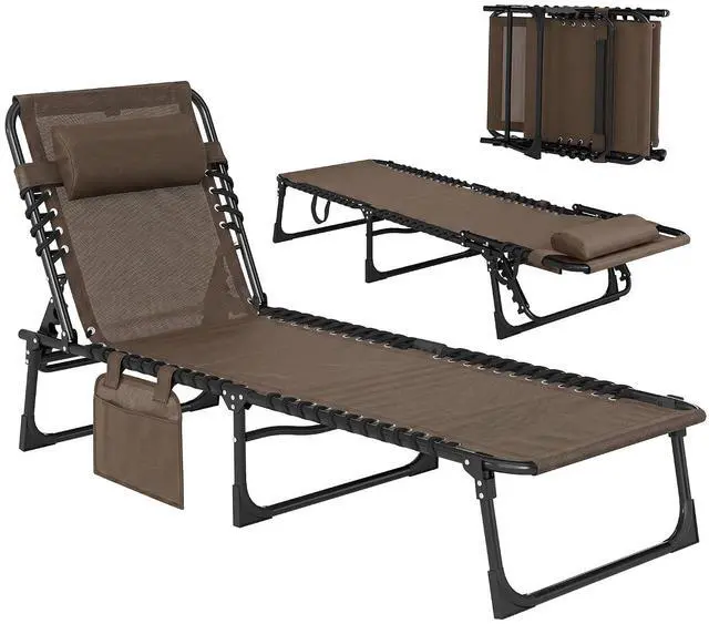Main image of Folding Chaise Lounge Chair Outdoor Side Pocket Headrest Brown | Tanning Chair, Carrying Strap, Portable Patio Beach Lounger, 5-Position Reclining Back, Pool Camping Yard
