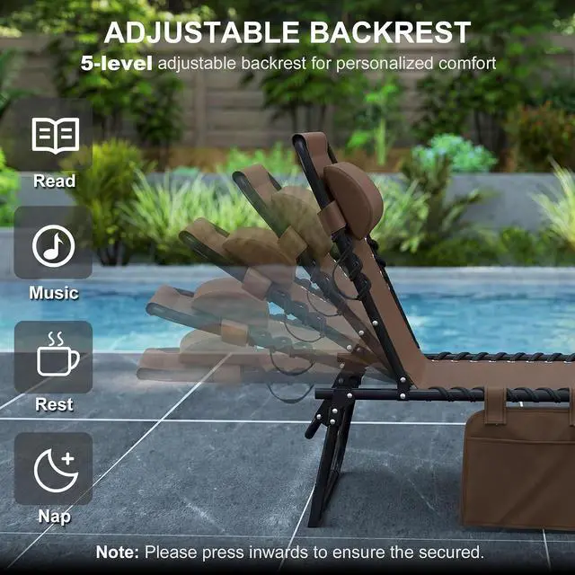 Alt view image 4 of 7 - Folding Chaise Lounge Chair Outdoor Side Pocket Headrest Brown | Tanning Chair, Carrying Strap, Portable Patio Beach Lounger, 5-Position Reclining Back, Pool Camping Yard