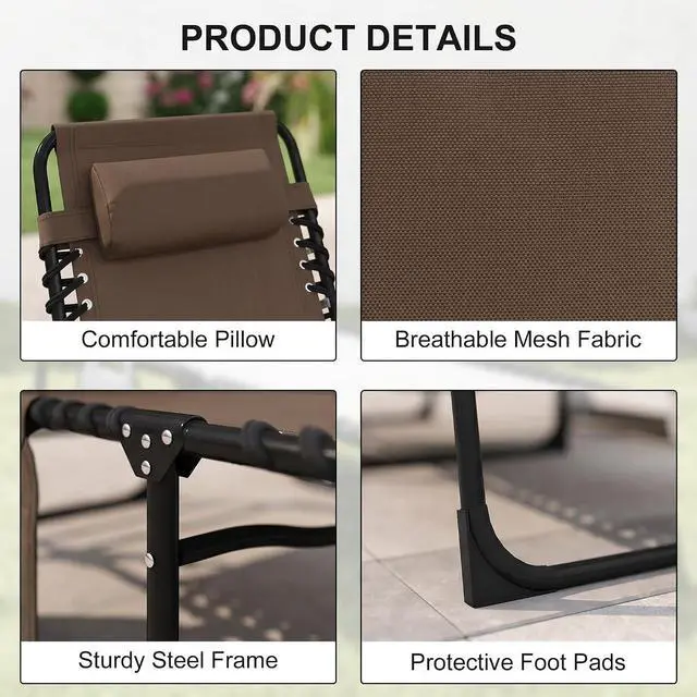 Alt view image 5 of 7 - Folding Chaise Lounge Chair Outdoor Side Pocket Headrest Brown | Tanning Chair, Carrying Strap, Portable Patio Beach Lounger, 5-Position Reclining Back, Pool Camping Yard