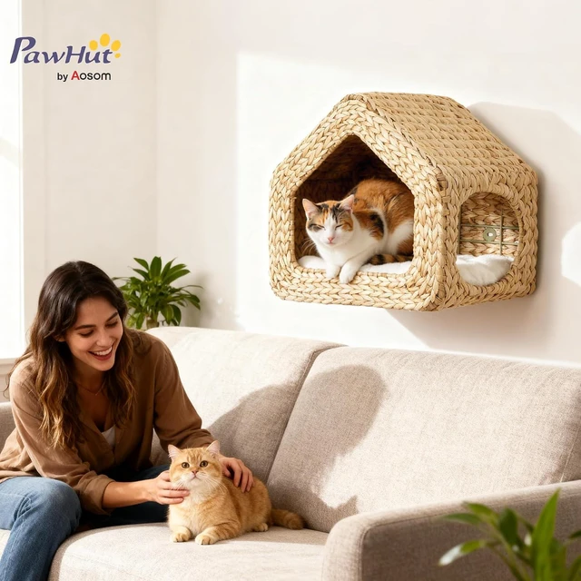 Alt view image 2 of 7 - PawHut Wall Mounted Cat House Washable Cushion Indoor Kittens Natural | Cat Wall Condo Furniture, Kitty Shelf Bed