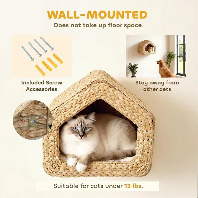Alt view image 3 of 7 - PawHut Wall Mounted Cat House Washable Cushion Indoor Kittens Natural | Cat Wall Condo Furniture, Kitty Shelf Bed