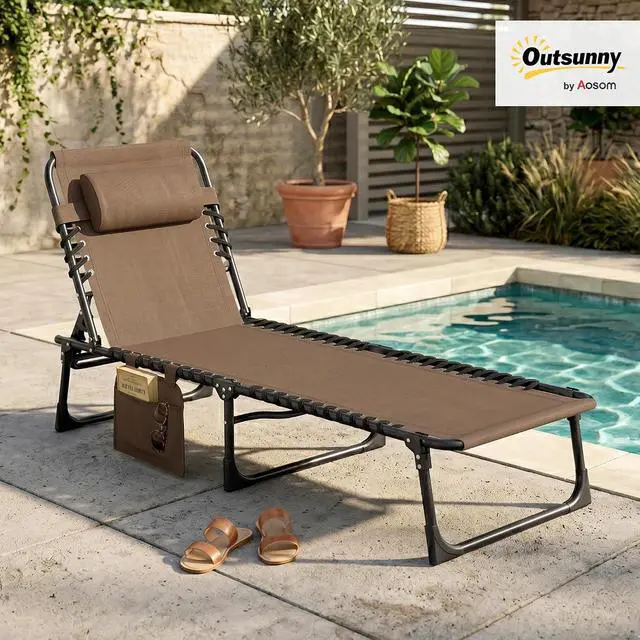 Alt view image 2 of 7 - Folding Chaise Lounge Chair Outdoor Side Pocket Headrest Brown | Tanning Chair, Carrying Strap, Portable Patio Beach Lounger, 5-Position Reclining Back, Pool Camping Yard