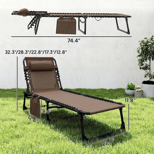 Alt view image 7 of 7 - Folding Chaise Lounge Chair Outdoor Side Pocket Headrest Brown | Tanning Chair, Carrying Strap, Portable Patio Beach Lounger, 5-Position Reclining Back, Pool Camping Yard