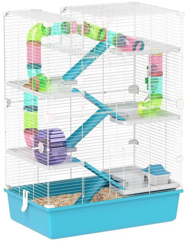 Main image of PawHut Large Hamster Cage 6 Tier, 32" DIY, Dwarf & Gerbil, Light Blue | Small Animal Cage, Tubes and Tunnels, Hut, Wheel, Food Dish, Water Bottle, Ramps