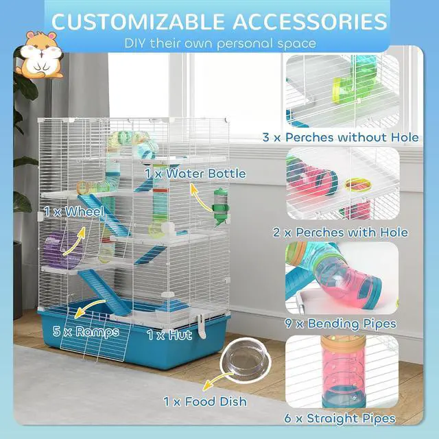 Alt view image 5 of 7 - PawHut Large Hamster Cage 6 Tier, 32" DIY, Dwarf & Gerbil, Light Blue | Small Animal Cage, Tubes and Tunnels, Hut, Wheel, Food Dish, Water Bottle, Ramps