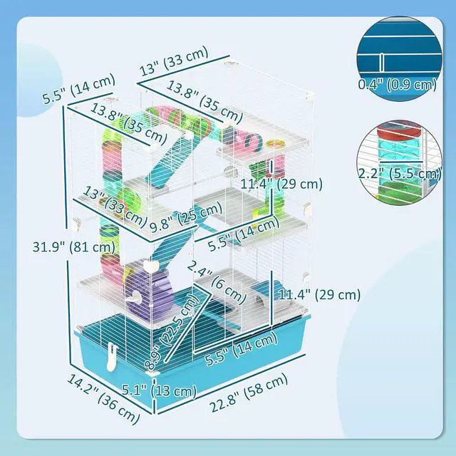 Alt view image 7 of 7 - PawHut Large Hamster Cage 6 Tier, 32" DIY, Dwarf & Gerbil, Light Blue | Small Animal Cage, Tubes and Tunnels, Hut, Wheel, Food Dish, Water Bottle, Ramps