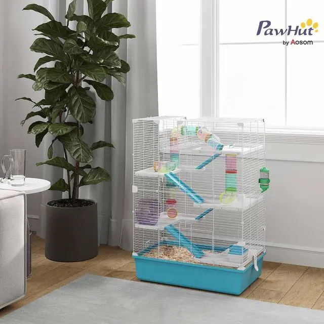 Alt view image 2 of 7 - PawHut Large Hamster Cage 6 Tier, 32" DIY, Dwarf & Gerbil, Light Blue | Small Animal Cage, Tubes and Tunnels, Hut, Wheel, Food Dish, Water Bottle, Ramps