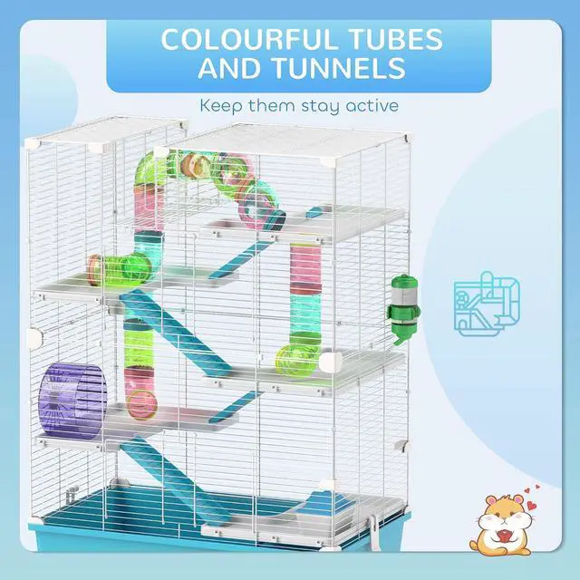 Alt view image 4 of 7 - PawHut Large Hamster Cage 6 Tier, 32" DIY, Dwarf & Gerbil, Light Blue | Small Animal Cage, Tubes and Tunnels, Hut, Wheel, Food Dish, Water Bottle, Ramps