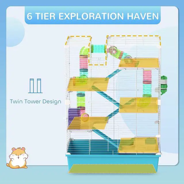 Alt view image 3 of 7 - PawHut Large Hamster Cage 6 Tier, 32" DIY, Dwarf & Gerbil, Light Blue | Small Animal Cage, Tubes and Tunnels, Hut, Wheel, Food Dish, Water Bottle, Ramps