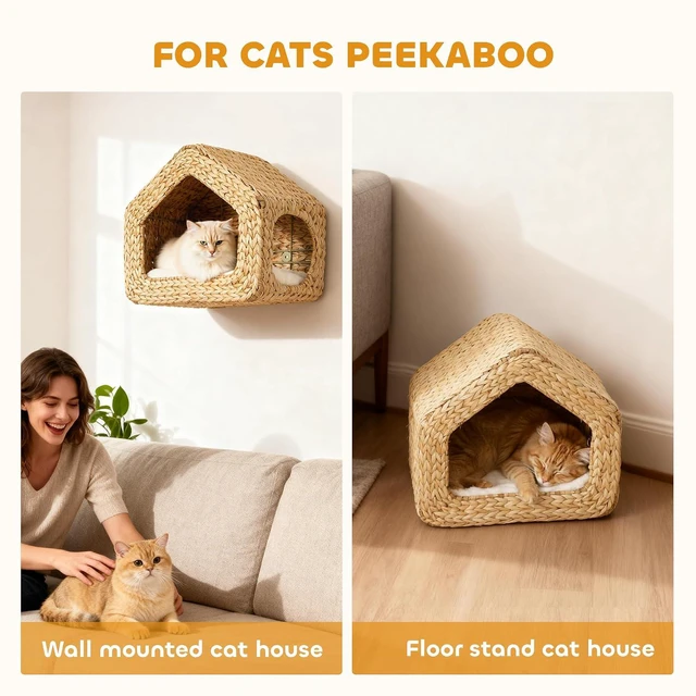 Alt view image 5 of 7 - PawHut Wall Mounted Cat House Washable Cushion Indoor Kittens Natural | Cat Wall Condo Furniture, Kitty Shelf Bed