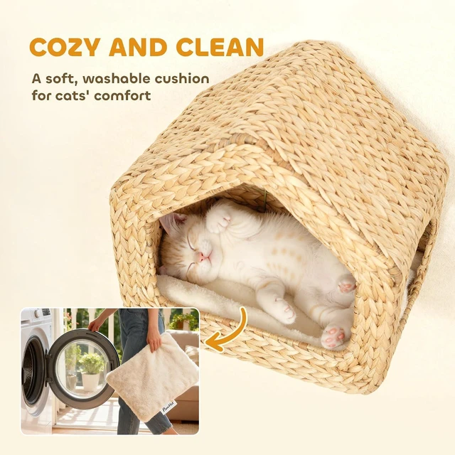 Alt view image 4 of 7 - PawHut Wall Mounted Cat House Washable Cushion Indoor Kittens Natural | Cat Wall Condo Furniture, Kitty Shelf Bed