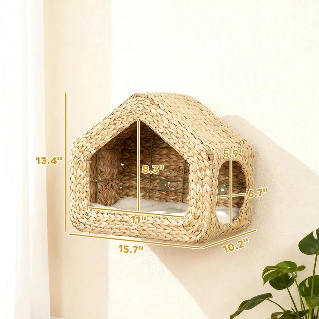Alt view image 7 of 7 - PawHut Wall Mounted Cat House Washable Cushion Indoor Kittens Natural | Cat Wall Condo Furniture, Kitty Shelf Bed