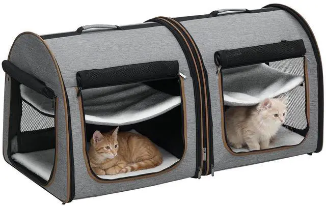Main image of PawHut 39" Portable Soft-Sided Cat Carrier, Two Compartments, Light Gray | Cat Kennel, Travel Dog Crate with Divider, Soft Cushions & Storage Bag, Easy to Fold