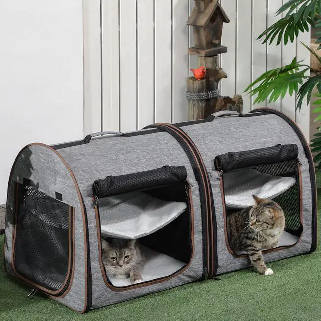 Alt view image 2 of 7 - PawHut 39" Portable Soft-Sided Cat Carrier, Two Compartments, Light Gray | Cat Kennel, Travel Dog Crate with Divider, Soft Cushions & Storage Bag, Easy to Fold