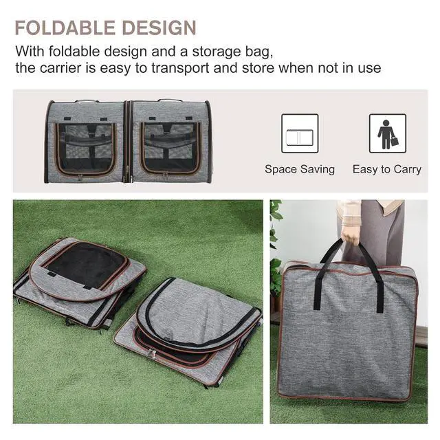 Alt view image 4 of 7 - PawHut 39" Portable Soft-Sided Cat Carrier, Two Compartments, Light Gray | Cat Kennel, Travel Dog Crate with Divider, Soft Cushions & Storage Bag, Easy to Fold
