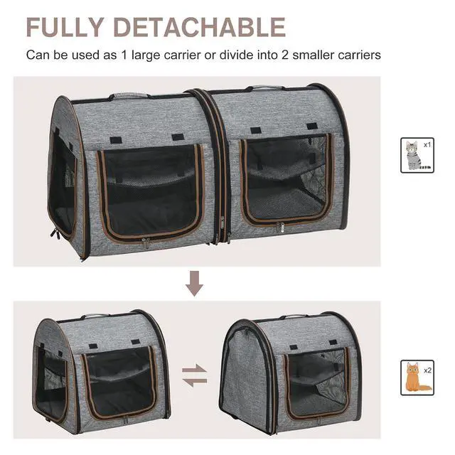 Alt view image 5 of 7 - PawHut 39" Portable Soft-Sided Cat Carrier, Two Compartments, Light Gray | Cat Kennel, Travel Dog Crate with Divider, Soft Cushions & Storage Bag, Easy to Fold
