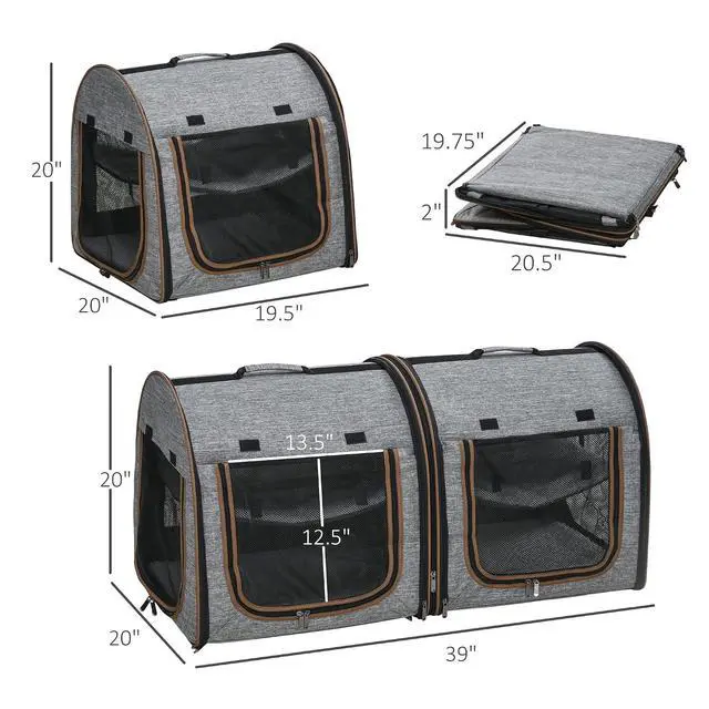 Alt view image 3 of 7 - PawHut 39" Portable Soft-Sided Cat Carrier, Two Compartments, Light Gray | Cat Kennel, Travel Dog Crate with Divider, Soft Cushions & Storage Bag, Easy to Fold