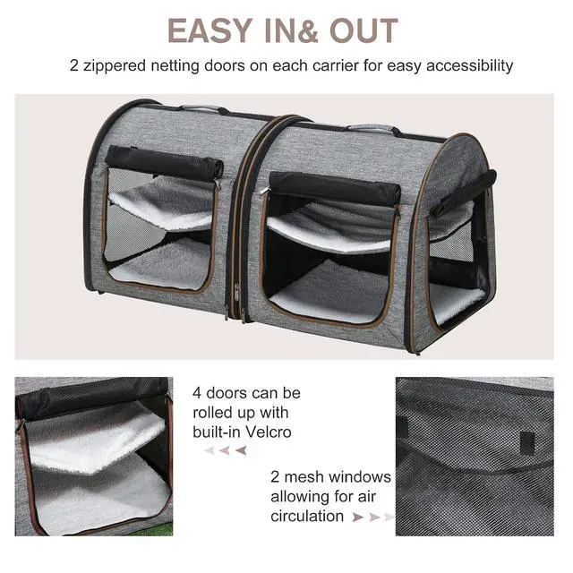 Alt view image 6 of 7 - PawHut 39" Portable Soft-Sided Cat Carrier, Two Compartments, Light Gray | Cat Kennel, Travel Dog Crate with Divider, Soft Cushions & Storage Bag, Easy to Fold
