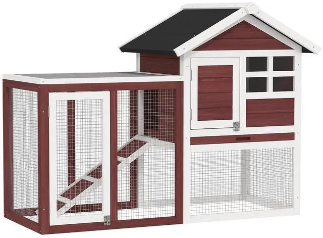 Main image of PawHut 49" Wooden Rabbit Hutch Bunny Cage with Fun Outdoor Run Brown | Waterproof Asphalt Roof, Removable Tray and Ramp, for Rabbits, Chickens, Ducks