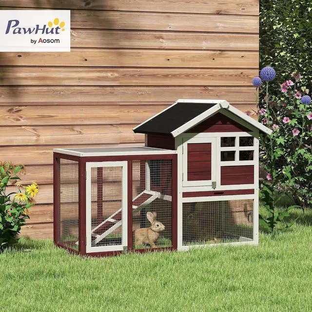 Alt view image 2 of 7 - PawHut 49" Wooden Rabbit Hutch Bunny Cage with Fun Outdoor Run Brown | Waterproof Asphalt Roof, Removable Tray and Ramp, for Rabbits, Chickens, Ducks