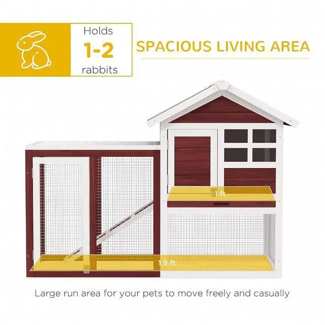 Alt view image 3 of 7 - PawHut 49" Wooden Rabbit Hutch Bunny Cage with Fun Outdoor Run Brown | Waterproof Asphalt Roof, Removable Tray and Ramp, for Rabbits, Chickens, Ducks