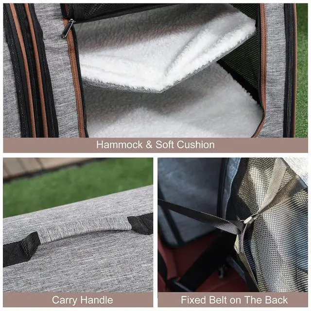 Alt view image 7 of 7 - PawHut 39" Portable Soft-Sided Cat Carrier, Two Compartments, Light Gray | Cat Kennel, Travel Dog Crate with Divider, Soft Cushions & Storage Bag, Easy to Fold