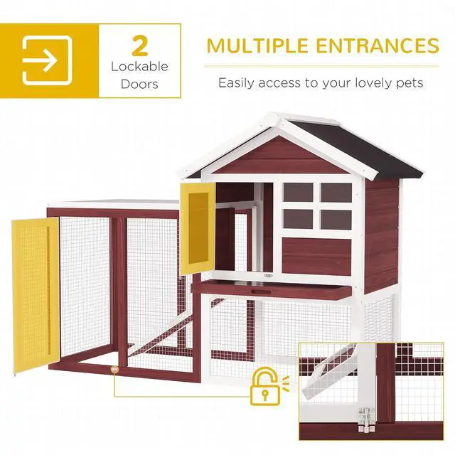 Alt view image 4 of 7 - PawHut 49" Wooden Rabbit Hutch Bunny Cage with Fun Outdoor Run Brown | Waterproof Asphalt Roof, Removable Tray and Ramp, for Rabbits, Chickens, Ducks
