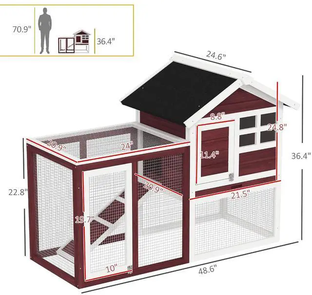 Alt view image 7 of 7 - PawHut 49" Wooden Rabbit Hutch Bunny Cage with Fun Outdoor Run Brown | Waterproof Asphalt Roof, Removable Tray and Ramp, for Rabbits, Chickens, Ducks