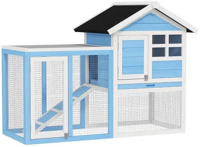 Main image of PawHut 49" Wooden Rabbit Hutch Bunny Cage with Fun Outdoor Run Light Blue | Waterproof Asphalt Roof, Removable Tray and Ramp, for Rabbits, Chickens, Ducks