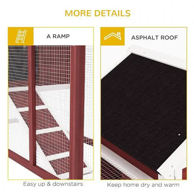 Alt view image 6 of 7 - PawHut 49" Wooden Rabbit Hutch Bunny Cage with Fun Outdoor Run Brown | Waterproof Asphalt Roof, Removable Tray and Ramp, for Rabbits, Chickens, Ducks