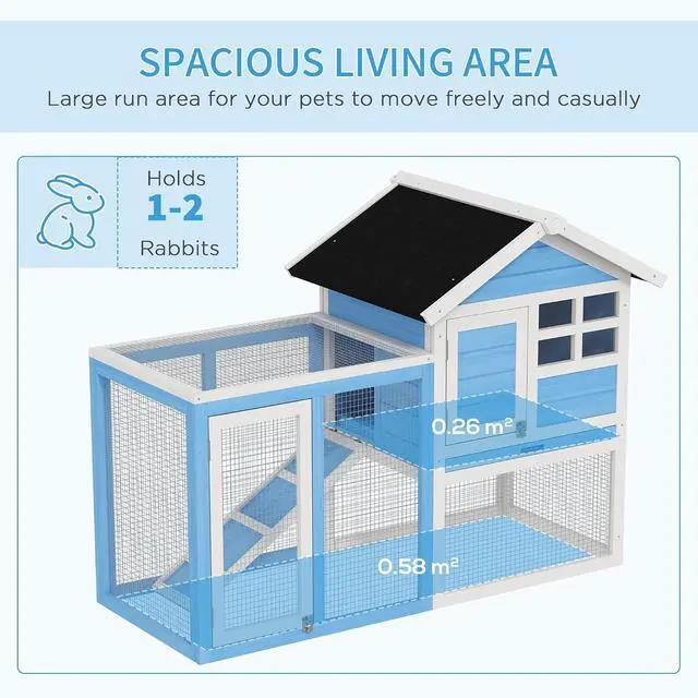 Alt view image 3 of 7 - PawHut 49" Wooden Rabbit Hutch Bunny Cage with Fun Outdoor Run Light Blue | Waterproof Asphalt Roof, Removable Tray and Ramp, for Rabbits, Chickens, Ducks