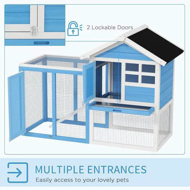 Alt view image 4 of 7 - PawHut 49" Wooden Rabbit Hutch Bunny Cage with Fun Outdoor Run Light Blue | Waterproof Asphalt Roof, Removable Tray and Ramp, for Rabbits, Chickens, Ducks