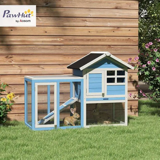 Alt view image 2 of 7 - PawHut 49" Wooden Rabbit Hutch Bunny Cage with Fun Outdoor Run Light Blue | Waterproof Asphalt Roof, Removable Tray and Ramp, for Rabbits, Chickens, Ducks