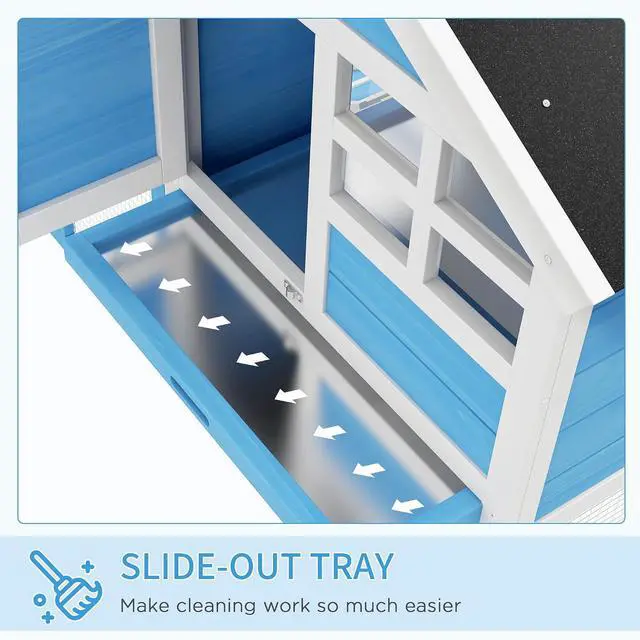 Alt view image 5 of 7 - PawHut 49" Wooden Rabbit Hutch Bunny Cage with Fun Outdoor Run Light Blue | Waterproof Asphalt Roof, Removable Tray and Ramp, for Rabbits, Chickens, Ducks