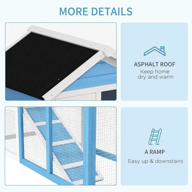 Alt view image 6 of 7 - PawHut 49" Wooden Rabbit Hutch Bunny Cage with Fun Outdoor Run Light Blue | Waterproof Asphalt Roof, Removable Tray and Ramp, for Rabbits, Chickens, Ducks